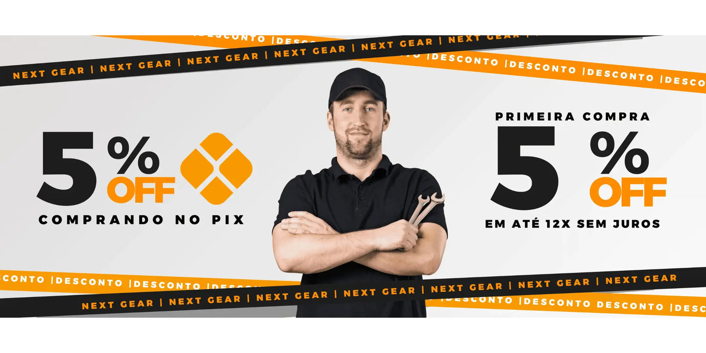 Banner infoormativo da Next Gear pagamento via pix 5% de desconto e 5% cupom primeira compra